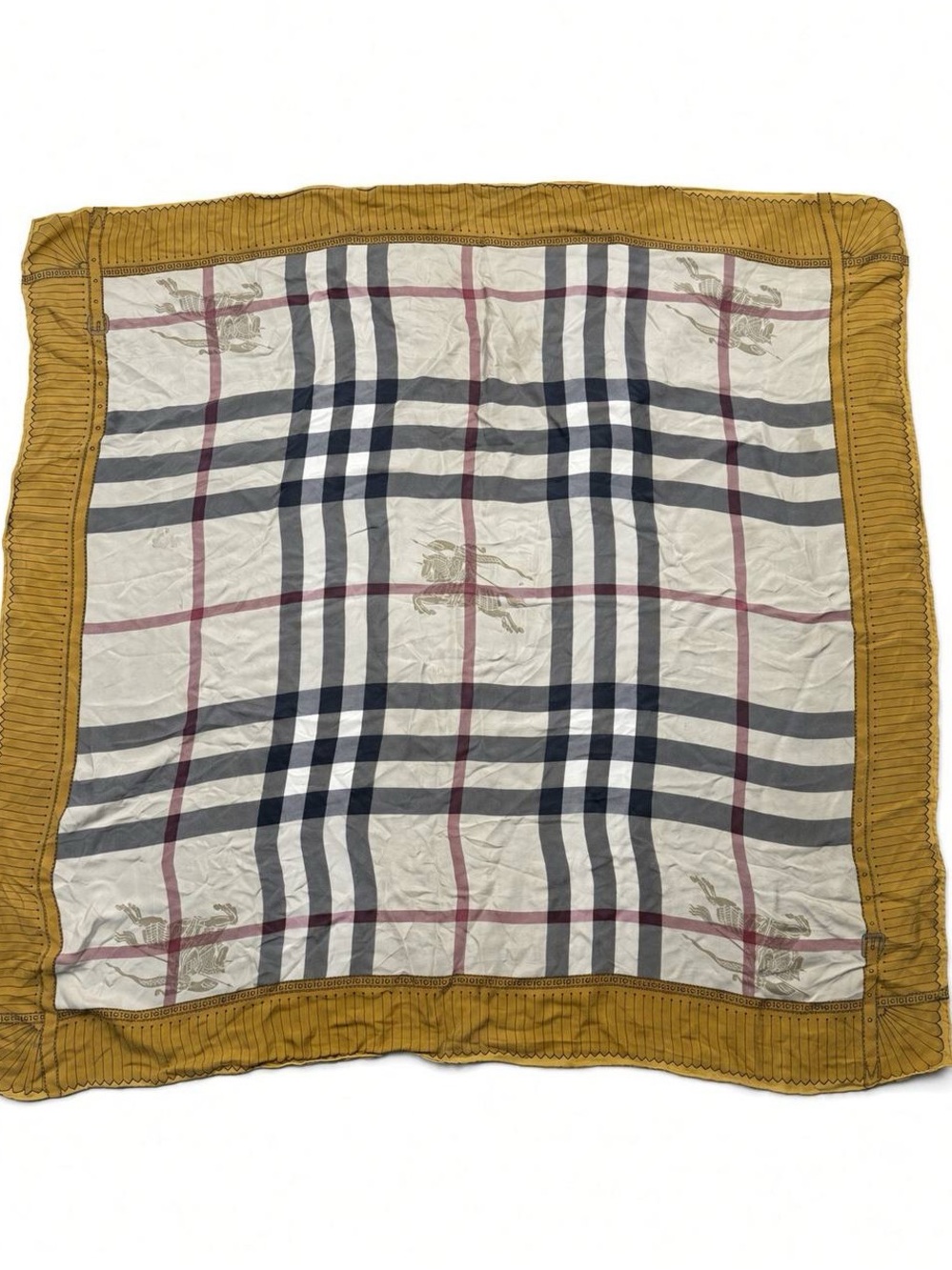Vintage Burberry Silk Square Scarf Nova Check Knight EKD Mustard Border